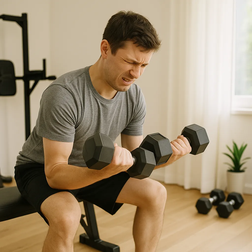 Ung mand løfter håndvægte med dårlig form i hjemmegym
