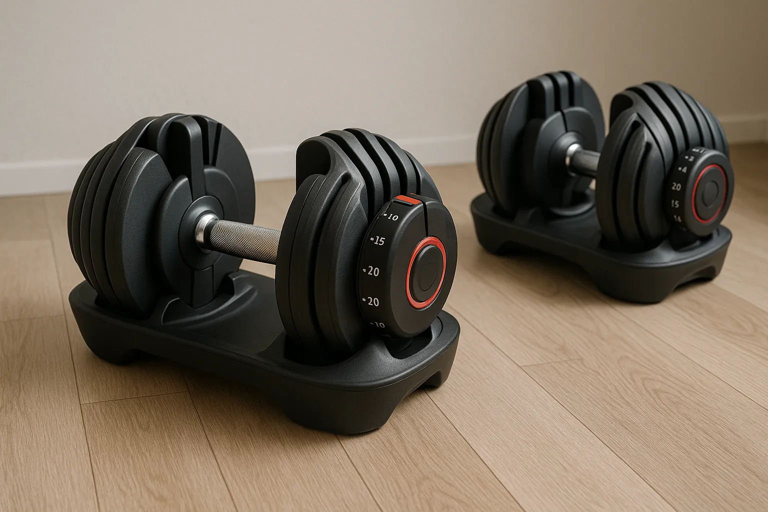 Justerbare håndvægte med vægtregulering på træningsmåtte i hjemmegym