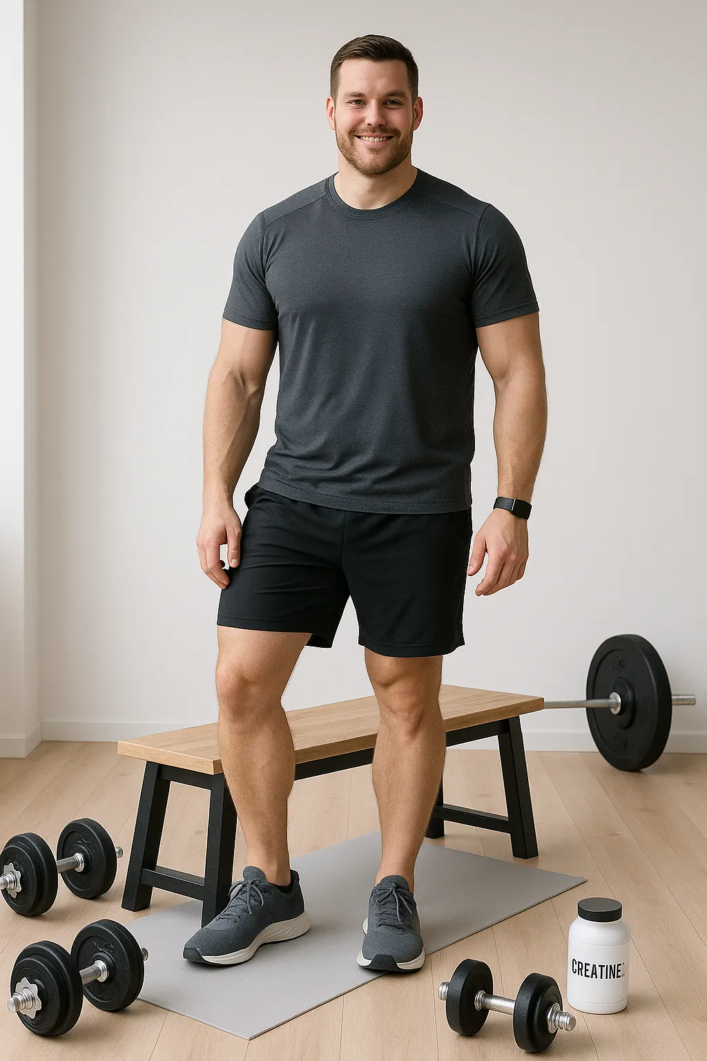 Fit mand i hjemmegym efter restitution og brug af kreatin