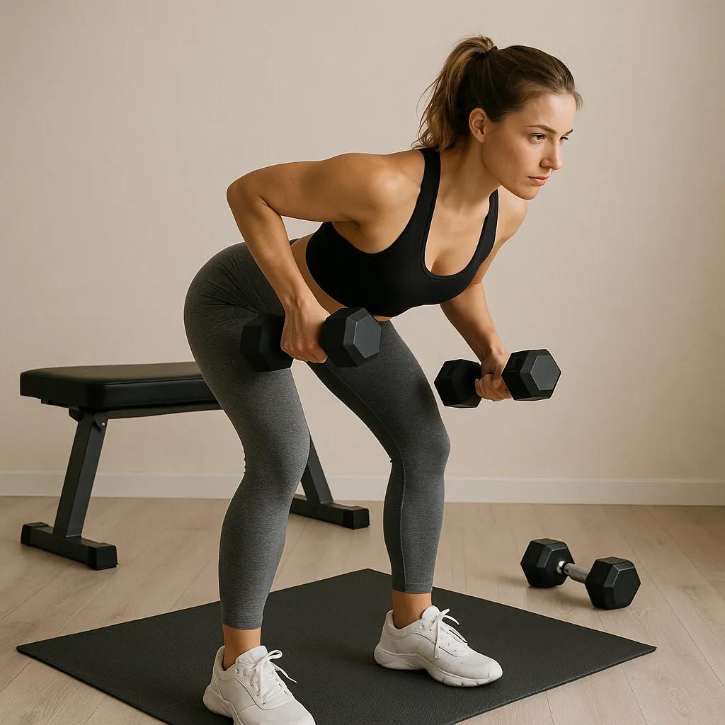Kvinde træner bent-over row med håndvægte i hjemmegym
