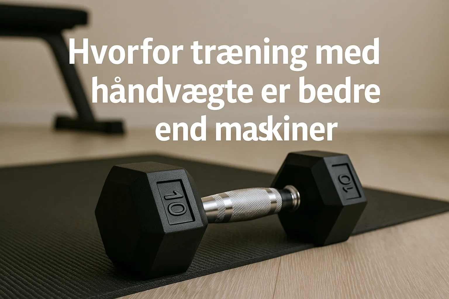 Mand træner med håndvægte i hjemmegym med styrketræningsmaskine i baggrunden