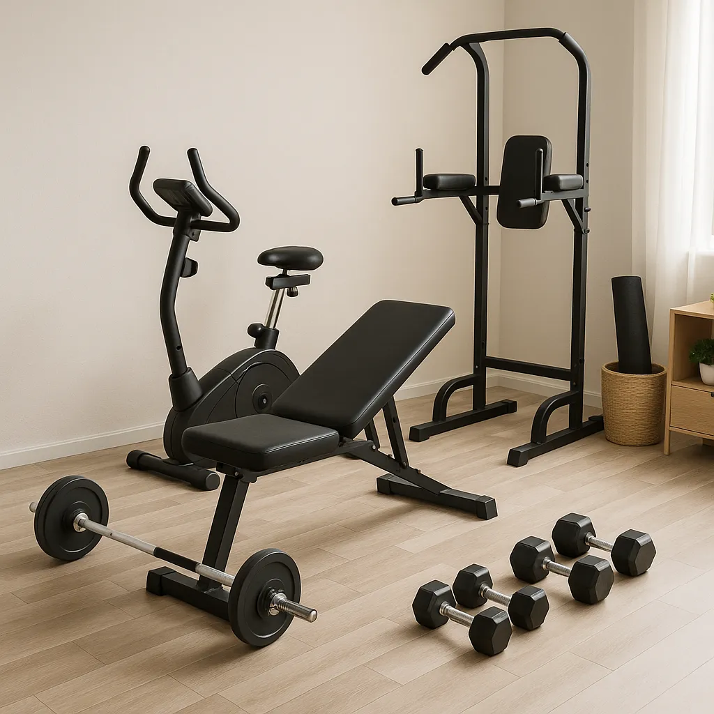 Kompakt hjemmegym med bænk, motionscykel og håndvægte i skandinavisk stil