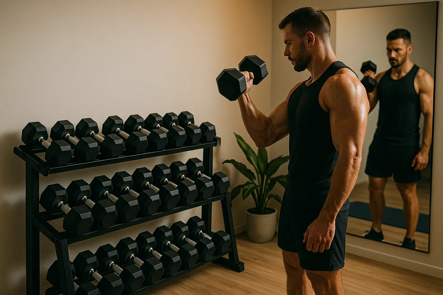 Mand laver biceps curls med håndvægte i et moderne hjemmegym med spejl og træningsudstyr