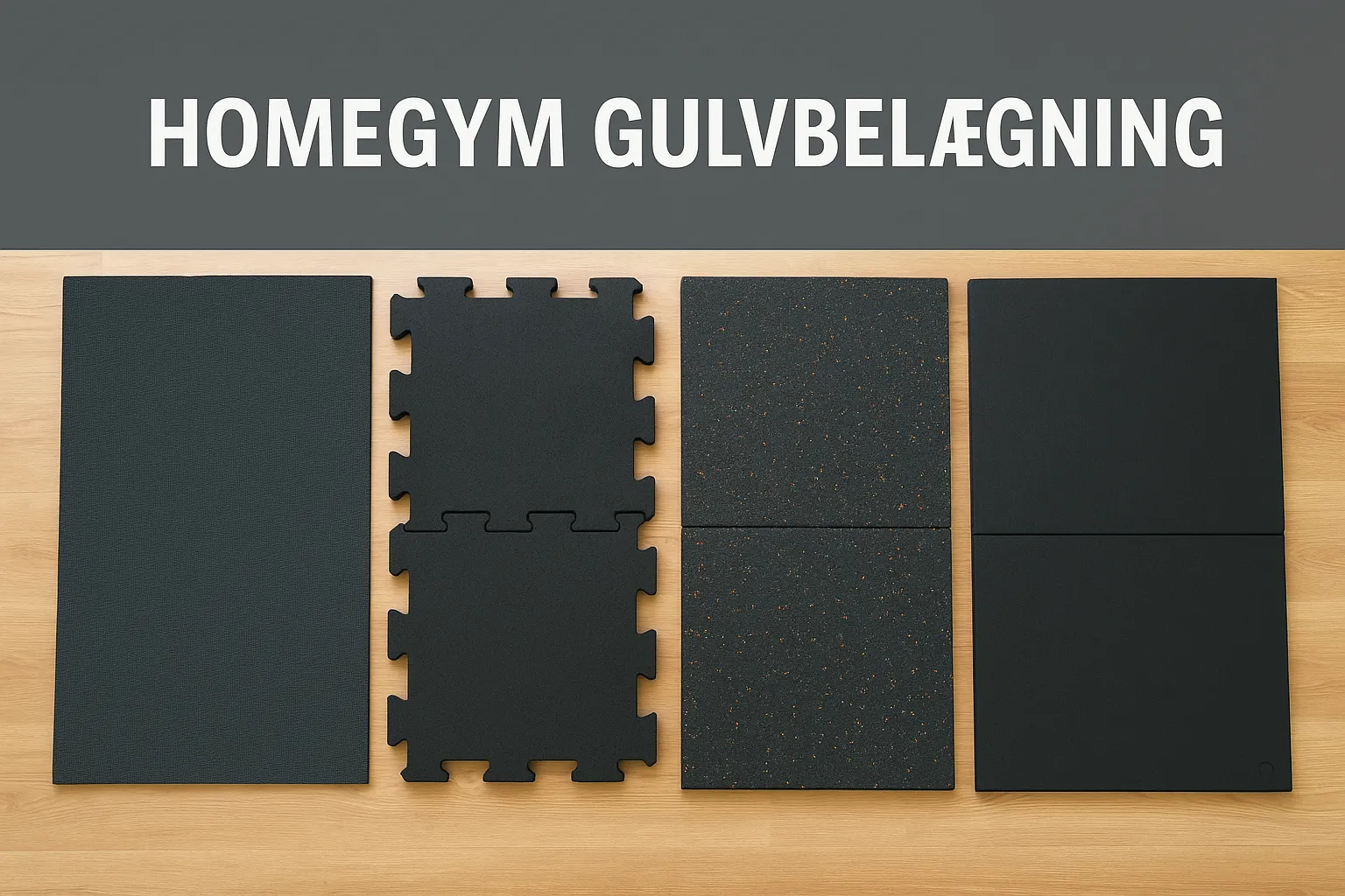 Fire forskellige typer gulvbelægning til hjemmegym vist side om side